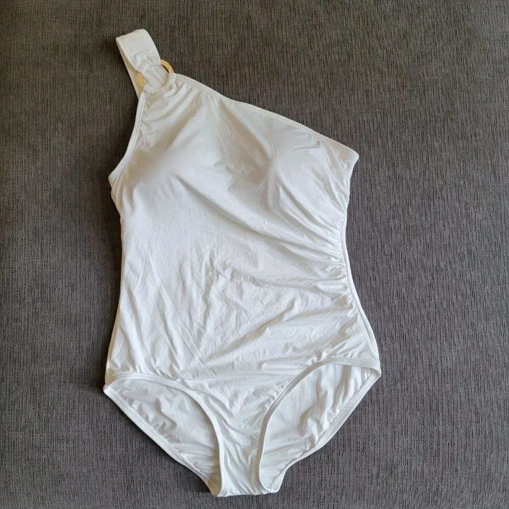 Michael Kors WHITE Iconic gold ring Solids One Shoulder One-Piece Swimsu…